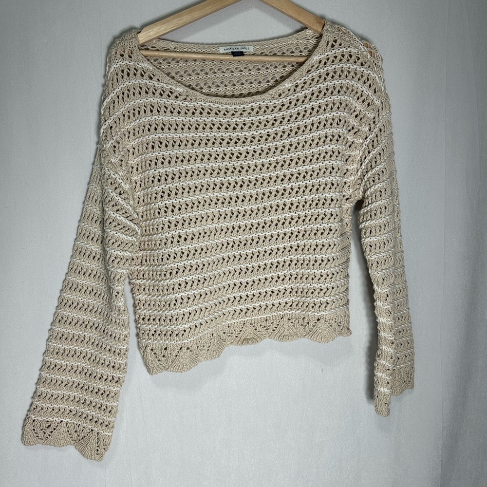 American Eagle Crochet Knit Sweater Womens Small Tan White Striped Boho Pullover